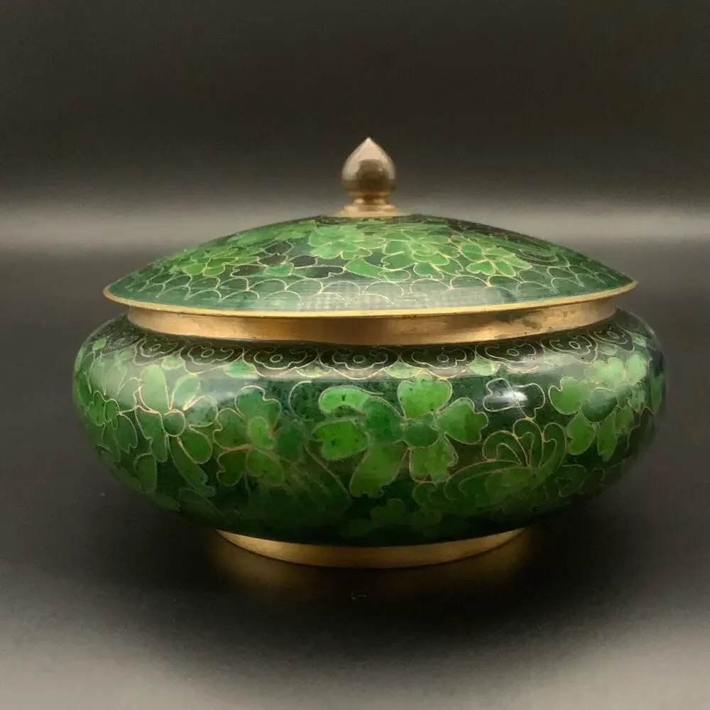 Chinese Cloisonne Bowl w/ Lid Enamel Over Brass Green Champleve Floral Leaf - Picture 6 of 16
